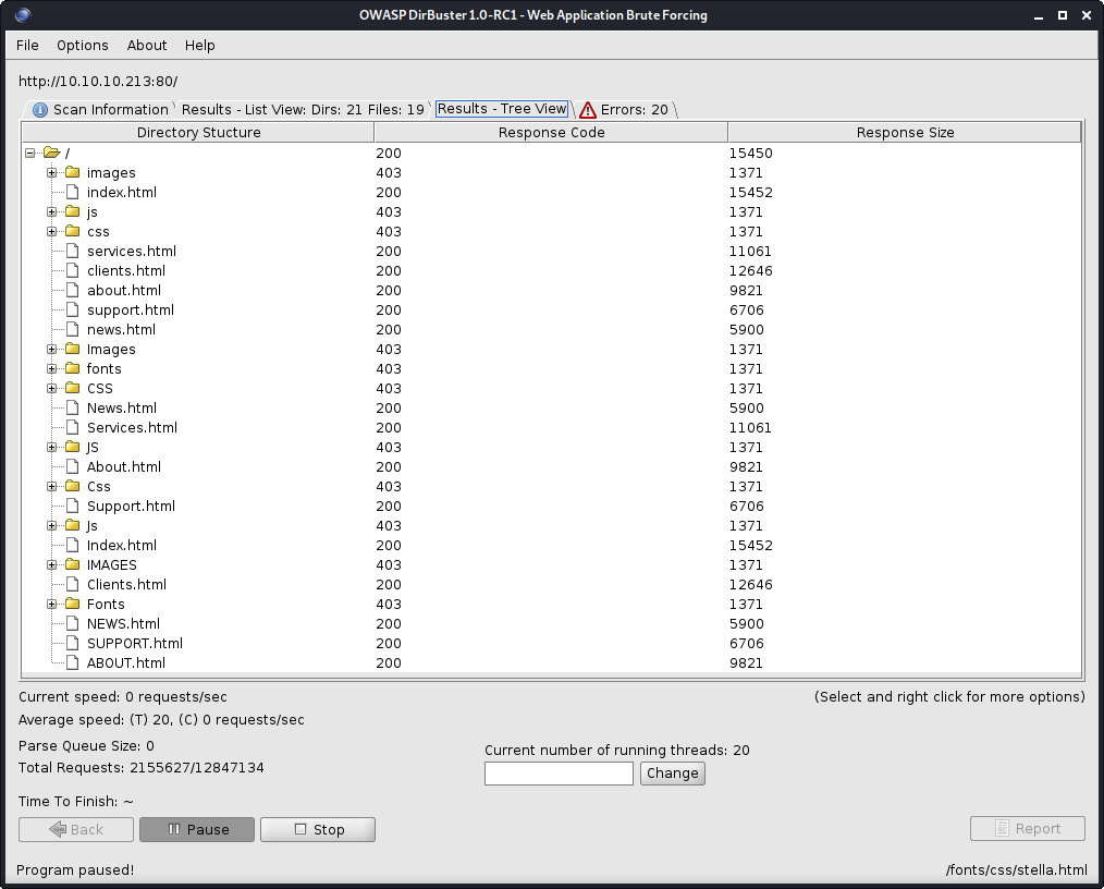 Dirbuster output showing many files and folders