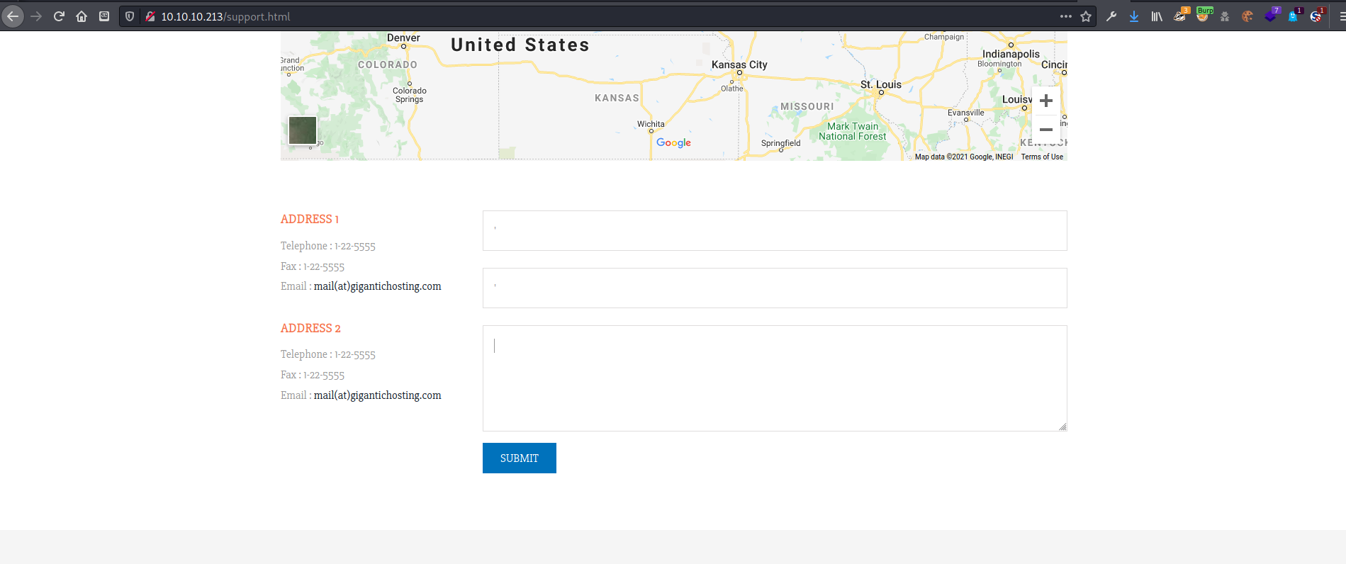 Image of the support contact form I attempted XSS and SQLi on