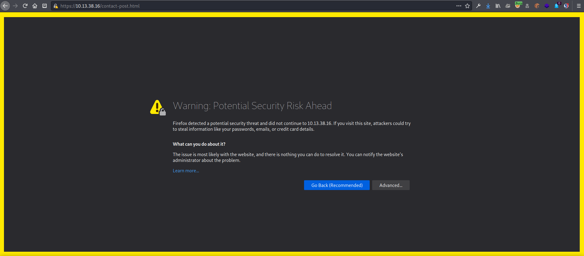 Image of the Firefox security warning page