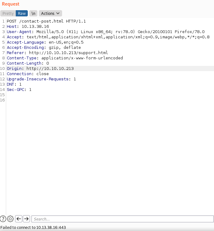 Burp output showing a failed connection to 10.13.38.16