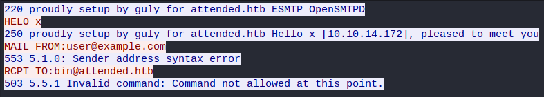 Wireshark output showing the invalid SMTP commands being sent