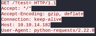 Wireshark output showing the HTTP request for the parameter test with no base64