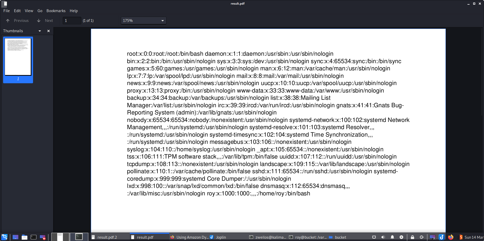 A PDF file with the contents of /etc/passwd in it