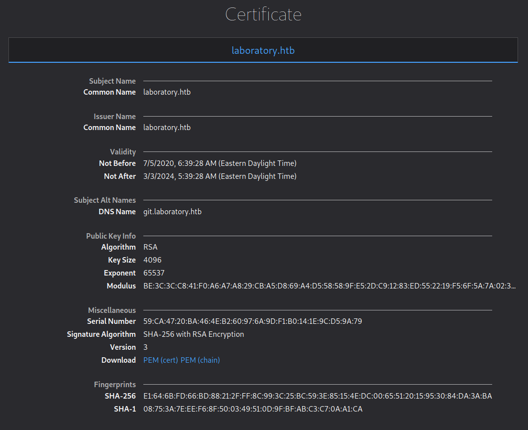 The HTTPS Certificate showing an alternate DNS name