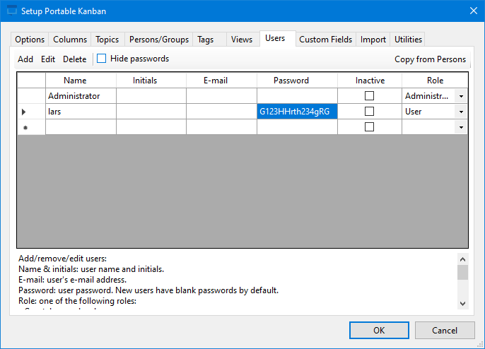 Users tab with a table of user parameters from the pk3 file