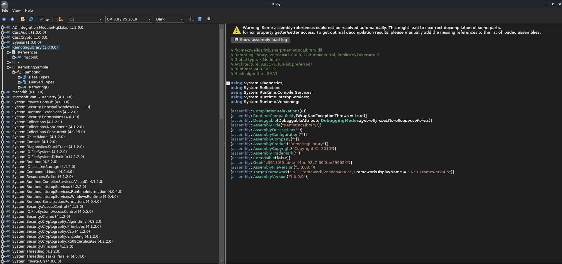 A dissassembled view of the Remoting Library showing the .net version