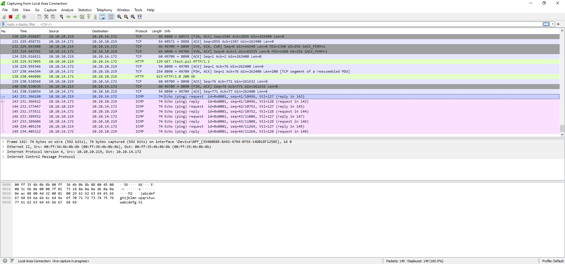 Wireshark output showing that I could successfully ping my machine from the victim