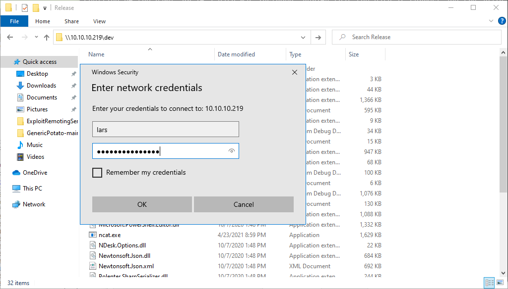 A sign in window promptin for lars’ credentials to the dev share from my attack VM
