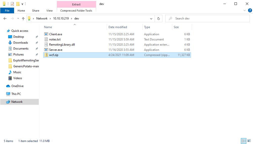 The dev share’s files visible from my Windows attack machine