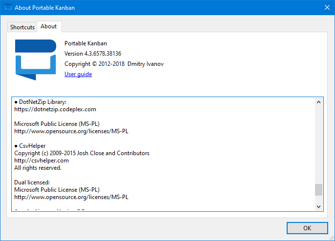 An about page in the Portable Kanban program